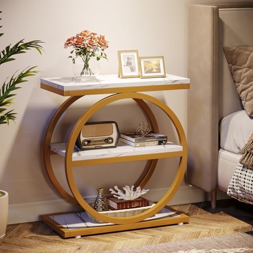 Tribesigns End Table with Storage Shelves, 3-Tier Wooden Industrial Sofa Side Table with Black Metal Frames for Living Room, Slim Nightstand and Bedside Table for Bedroom, White & Gold - Image 5