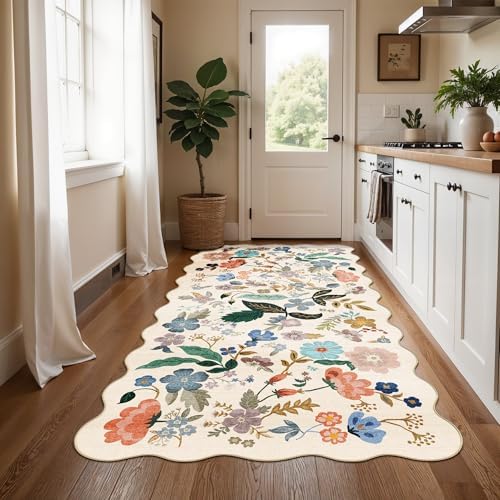 Washable 4x8 Wide Runner Rug: Hallway Entryway Non Slip Scalloped Floral Rug Farmhouse Soft Stain Resistant Carpet for Kitchen Bathroom Bedroom Low Pile Pet Friendly Floor Mat (4x8,Cream) - Image 4