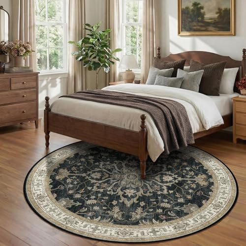 RELEANY Washable Area Rug, Round 8ft, Black/Vintage/Beige - Image 3