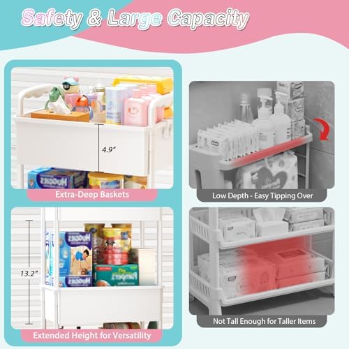 SUNALLY Baby Diaper Caddy Cart,3 Tier Rolling Diaper Cart for Nursery,White - Image 3