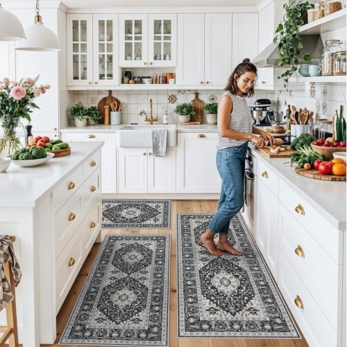 3-Piece Non-Slip Machine Washable Kitchen Rug Set with Runner – Soft Low Pile Thin Boho Kitchen Rugs for Hardwood Floor, Sink & Entryway, Pet-Friendly (Dark Grey, 2x3,2x4,2x5) - Image 3
