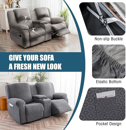 Genina Waterproof Recliner Loveseat Cover,2 Seat with Console,Dark Gray - Image 5