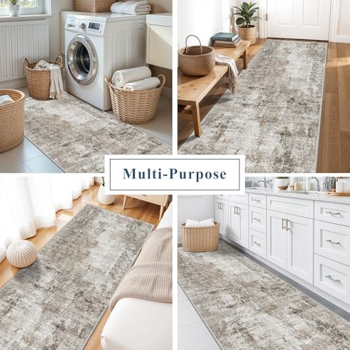 3x7 Washable Non-Slip Kitchen Runner Rug – Modern Abstract Neutral Beige & Gray Carpet for Hallway, Entryway, Bedroom, Laundry Room – Low-Pile Thin Wide Floor Runner with Rubber Backing - Image 3