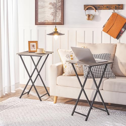 HOOBRO Folding TV Tray Table, Set of 2 Wooden TV Tray, Portable Sofa Side Snack Table, Industrial Desk for Small Spaces, Space-Saving, Easy to Install and Fold, Greige and Black BG27BZP201 - Image 2