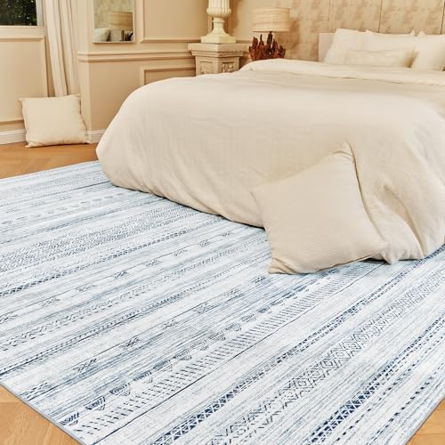 6x9 Area Rugs for Living Room Machine Washable Rug Distressed Indoor Carpet Neutral Moroccan Boho Rug Ultra Soft Area Rug for Bedroom Dining Room Playroom Office,Blue by Tchdio