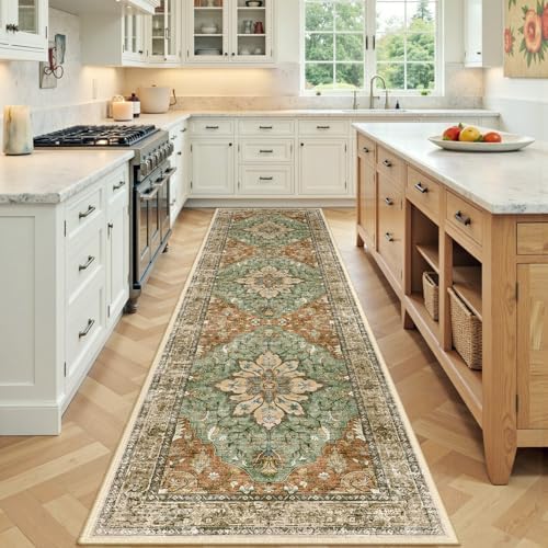 RELEANY Washable Area Rug, Runner 2'x8', Brick/Brown/Green - Image 2