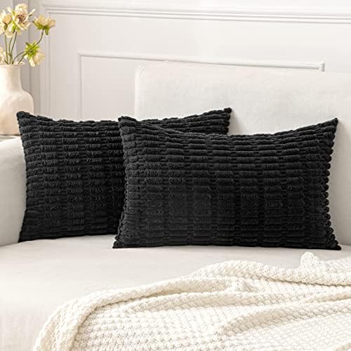 MIULEE Lumbar Corduroy Decorative Throw Pillow Covers 12x20 Black Pack of 2 by MIULEE
