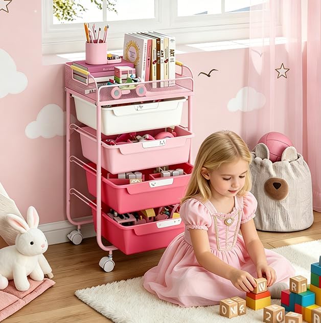 SYKIARIOL 4-Drawer Rolling Storage Cart with Mesh Top, Rose Pink - Image 2