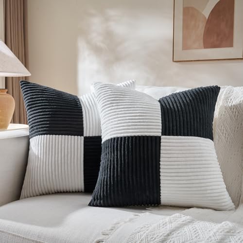 Fancy Homi Set of 2 Black White Decorative Throw Pillow Covers 20x20 Inch for Living Room Couch Bed Sofa, Farmhouse Boho Home Decor, Soft Cross Corduroy Patchwork Accent Square Cushion Case 50x50 cm by Fancy+Homi