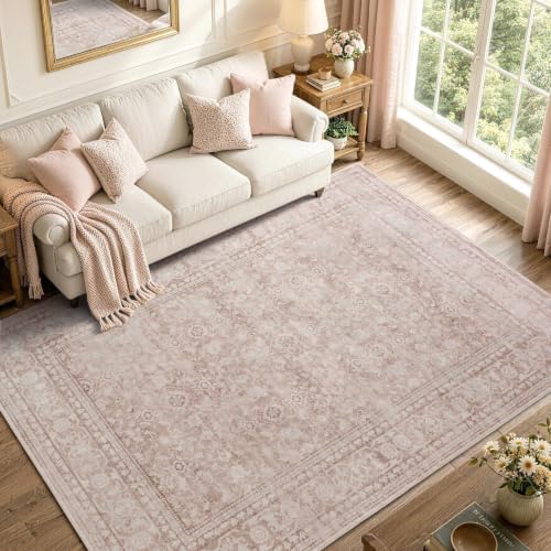 4x6 Ft Area Rugs for Living Room, Soft Non-Slip Machine Washable Rug, Vintage Stain Resistant Carpets for Bedroom Nursery Dining Room Home Decor (Grey Pink) - Image 2