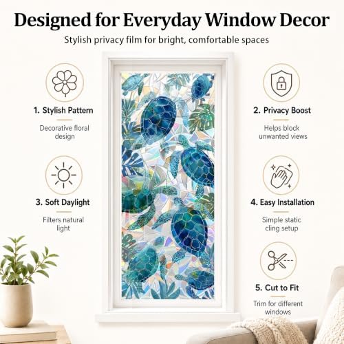 Window Privacy Film 17x 39in Static Cling Window Film Sea Turtle Tropical Leaf Ocean Stained Glass Pattern Light Filtering Nautical Covering Summer Removable for Bathroom Living Room Bedroom - Image 6