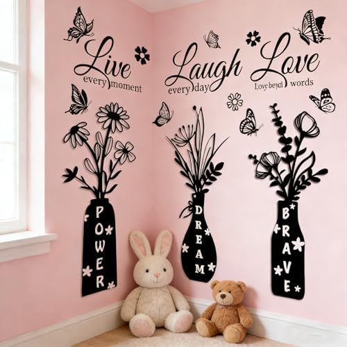 Live Laugh Love Wall Decal - Inspirational Quote with Floral Vase & Butterfly Stickers, Power Dream Brave Vinyl Wall Art for Living Room, Bedroom, Entryway, Home Decor - Image 6