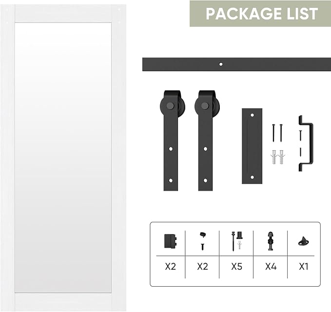 JUBEST 36x80 in Mirror Barn Door and 6.6FT Sliding Door Hardware Kit Included, White Full Length Mirror, Solid Wood Panel Covered with Water-Proof PVC Surface, No Assembly Required - Image 8