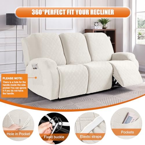 VANSOFY Stretch Recliner Couch Cover, Slipcover, Off White, 3 Seater - Image 5