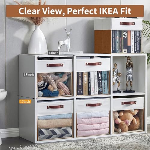 Bagnizer Storage Cubes, 4 Pack Linen Foldable Storage Bins with Clear Window and 2 Handles, 13x15x13 Storage Cube Bins for Shelf Closet, Kallax, Clothes, Books - (Brown / Off-White) - Image 2