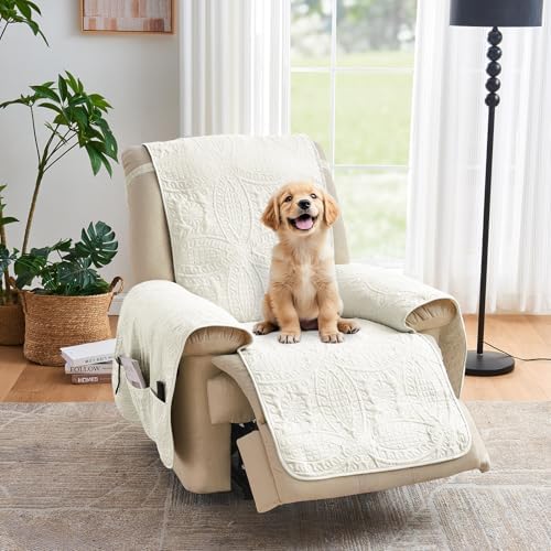 Ivory Recliner Chair Covers, Quilted Décor Water-Repellent Medium Lazy Boy Chair Covers, Pet Friendly Recliner Cover for Dogs Cats, Washable Couch Cover (Recliner 26", Ivory White) by Pamhaven