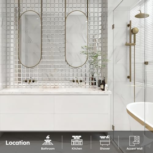 Diflart 32 Pcs Mirror Peel and Stick Tile, Silver, 3x3 Inch, Beveled Mirror Square Kitchen Backsplash Bar Bathroom Wall Tile - Image 2