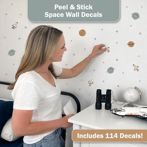 Galaxy Space Wall Decals - Set of 114 Rockets Planets Stars Stickers for Boys Bedroom, Nursery & Playroom - Removable Outer Space Peel & Stick Wall Decor - Image 2