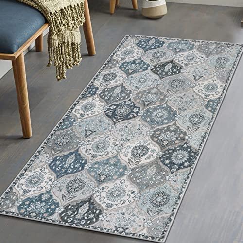 Lahome Moroccan Trellis Small Area Rug, 2x4 Rugs for Entryway Non-Slip Vintage Ultra-Thin Washable Indoor Door Mat Distressed Throw Carpet for Bathroom Kitchen Bedroom Elise, Blue by Lahome