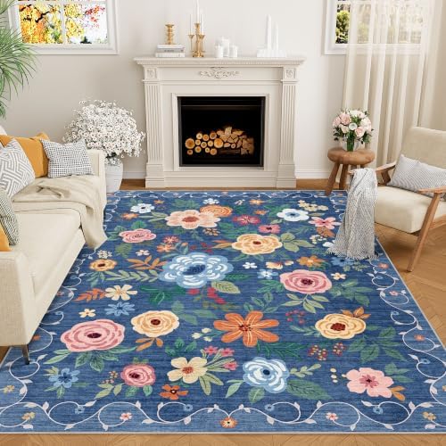 DUKINO 8x10 Area Rugs, Floral Washable Living Room Rug Non Slip, Blue by DUKINO