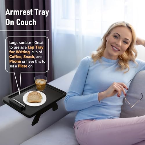 SINWANT Couch Arm Table, Bamboo Sofa Clip On Side Table Tray,Foldable Sofa Arm Tray with 360° Phone Holder for Eating Drinking Snacks Remote on Couch Armrest - Image 2