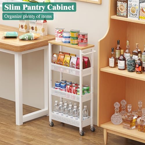Giwil Slim Rolling Storage Cart 4 Tier Bathroom Organizer Mobile Shelving Unit Utility Cart with Wood Top and Handle for Kitchen Laundry Narrow Places, White - Image 4