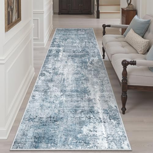 Soalmost Abstract Runner Rug 3x8 Hallway Kitchen Rugs Non-Slip, Blue/Grey - Image 2