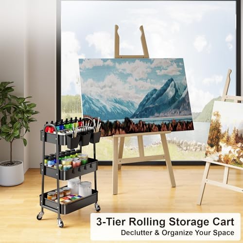 3 Tier Metal Rolling Cart with Lockable Wheels,Black Three Tiered Art Carts - Image 6