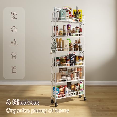 6 Tier Slim Rolling Storage Cart with Wheels, Metal Mobile Shelving Unit Organizer Utility Cart for Office Bathroom Kitchen Laundry Room Narrow Places (White 6 Inches) - Image 6
