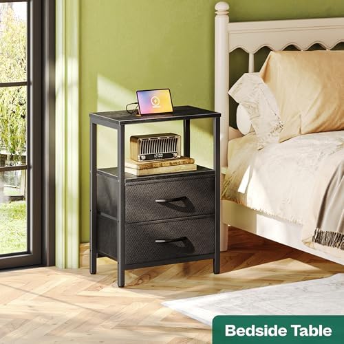 Huuger Nightstand with Charging Station, Side Table with Fabric Drawers - Image 2