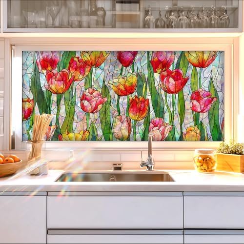 HOMETITUTE Tulip Flower Stained Glass Window Cling 39.3x17.7 Inch PVC - Image 5