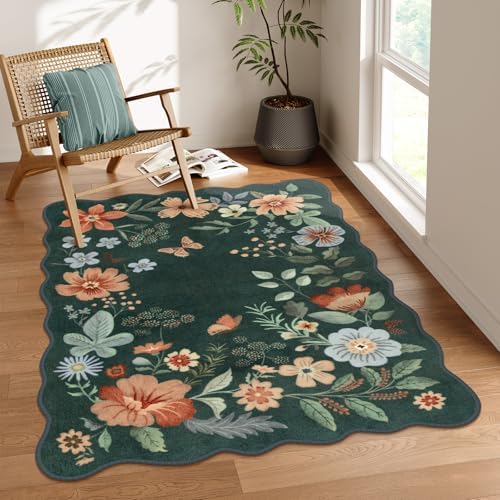 Lahome Floral Washable Rug- 4x6 Green Rugs for Bedroom Girls Classroom by Lahome