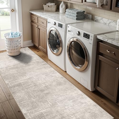 Hallway 2x8 Washable Runner Rug: Abstract Stain Resistant Entryway Kitchen Area Rugs Farmhouse Soft Bathroom Bedroom Print Floor Mat Thin Non-Slip Indoor Carpet for Living Room Laudry(2x8,Beige/Cream) - Image 5
