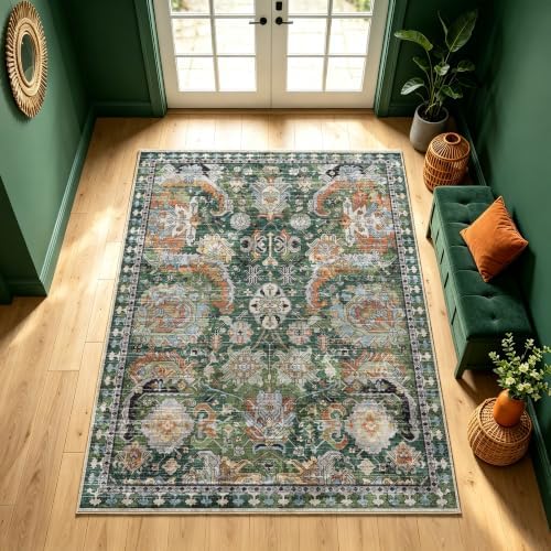 RUGSURE Washable Area Rugs - Perfect for Living Room, Bedroom, Kids Room, Nursery - Stain & Water Resistant Non-Slip, Pet & Child Friendly, Vintage Tribal Area Rugs (Green, 4' x 6') - Image 3