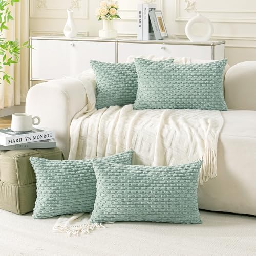 Set of 4 Aqua Decorative Throw Pillow Covers 12x20 Inch Corduroy Pillow Covers for Bed Couch Sofa Living Room Soft Cushion Cases by Cozoomy