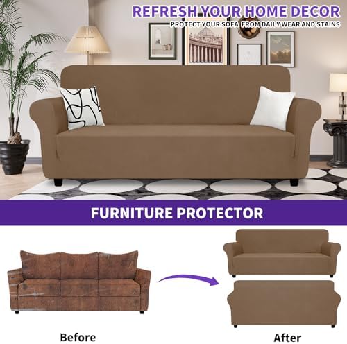 ZNSAYOTX Oversized Super Stretch Couch Cover (92"-115"), New Striped Sofa Covers Comfortable & Durable, Dog Cat Pets Friendly Extra Large Spandex Sofa Slipcovers (Light Coffee, XL Sofa) - Image 2