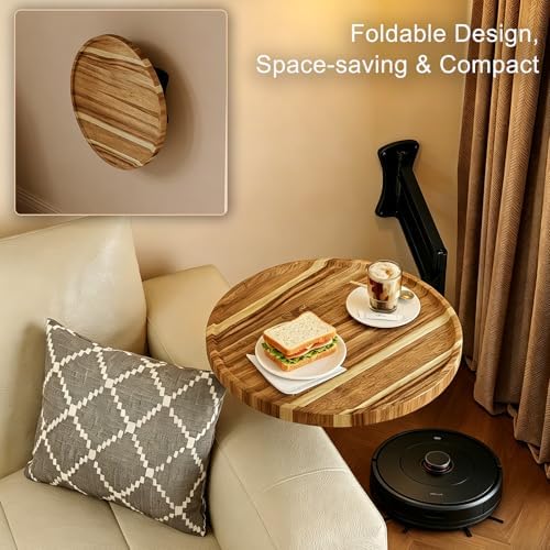Wall Mounted Folding Table,11" Acacia Bedside Shelf Wall Mount Floating Wall Desk with 36 LBS Capacity for Small Spaces,Round Wood Tabletop with 720° Rotatable Aluminum Alloy Brackets - Image 6