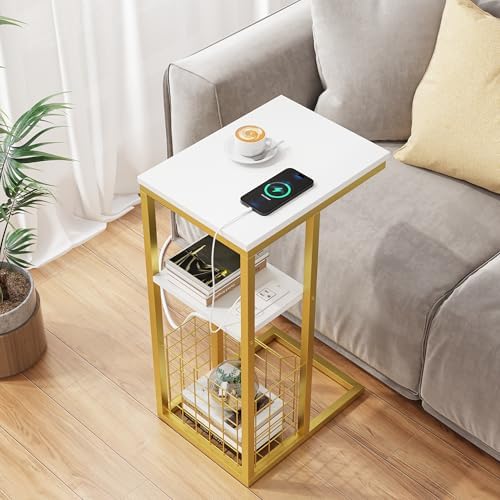 Vagusicc C Shaped End Table with Charging Station, Side Table for Couch, Small Side End Table for Small Spaces, 28" High Slide Under Sofa Table for Coffee, Tv Tray Table for Living Room, Golden - Image 5