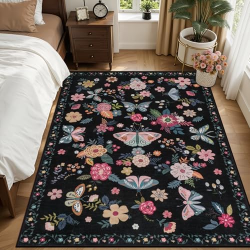 6x9 Area Rug Living Room: Soft Floral Washable Boho Carpet Black - Image 3