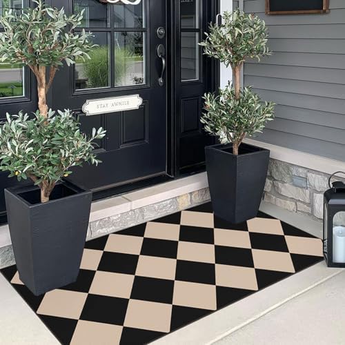 Front Door Mat Indoor Entrance - 2x4.3 Ft Black Tan Checkered Rug - Image 7