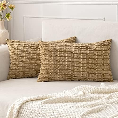 MIULEE Lumbar Corduroy Decorative Throw Pillow Covers 12x20 Khaki Pack of 2 by MIULEE