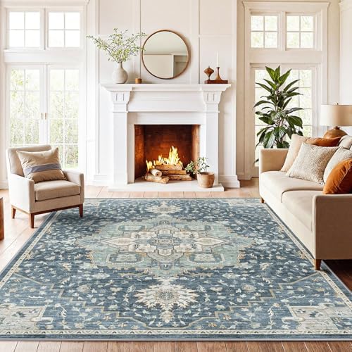 AMADA HOMEFURNISHING Washable Area Rugs, Low-Profile Washable Rug with Non-Slip Backing & Durable Edge Binding, Vintage Rugs for Living Room, Bedroom, Dinning Room (6x9, Blue/Yellow) by AMADAHOMEFURNISHING