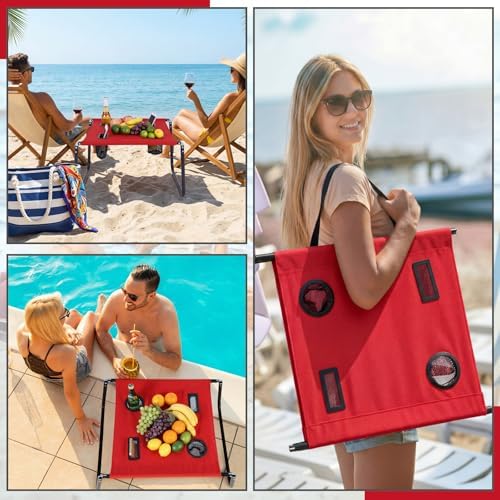 Portable Beach Table Foldable Pockets, Red, Solid Pattern - Image 5