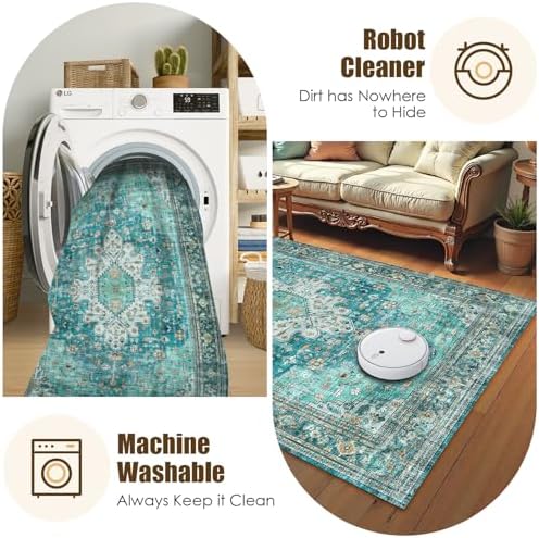 Washable Area Rug 4' x 6' Vintage Traditional Persian Mat - Foldable Distressed Non-Slip Machine Washable Carpet for Living Room Bedroom Kitchen Home Decor - Teal and Gold - Image 7