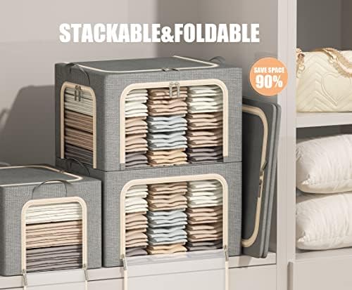 3 Openings Clothes Storage Bins with Metal Frame, Foldable Storage Bin for Clothes, Clothing Storage Bins with Lid, Linen Storage Box With Clear Window＆ Zippers＆ Durable Handles.(3 Pcs,Light Grey,40L) - Image 2
