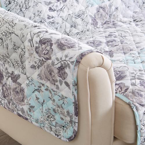 Great Bay Home Reversible Floral Patchwork Sofa Furniture Protector - Machine Washable, Scalloped Edge, Stain Resistant, Printed Furniture Cover for Dogs, Kids, and Pets (Gray/Aqua) - Image 6