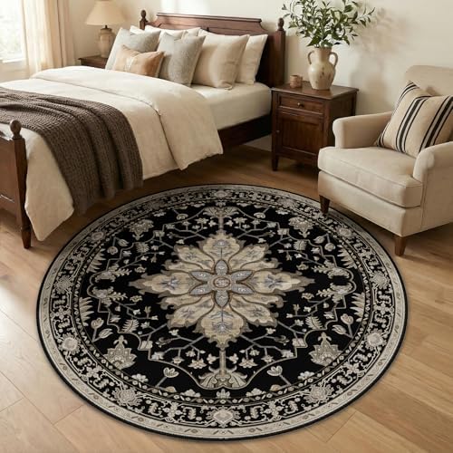 RELEANY Washable Area Rug, Round 5ft, Black/Neutral - Image 2