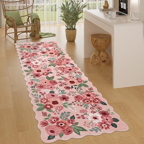 DUKINO 2x6 Runner Rug, Floral Washable Rug for Kitchen Non Slip, Pink - Image 3