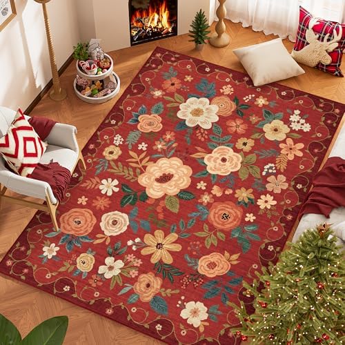 DUKINO 5x7 Area Rugs, Floral Washable Rug for Living Room Non Slip, Red - Image 6