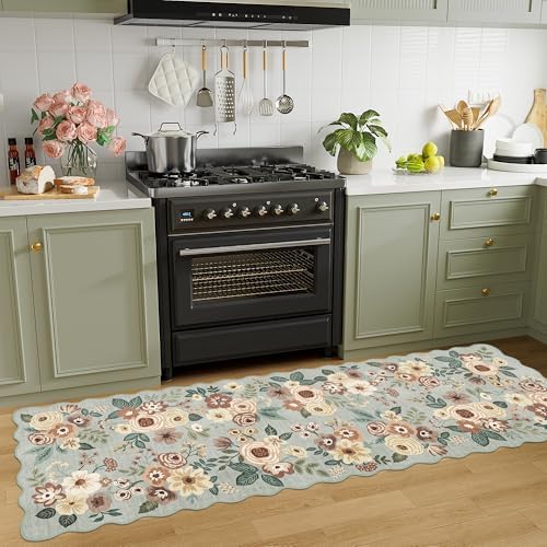 DUKINO 2.6x8 Runner Rug, Floral Washable Kitchens Rug Non Slip, Sage Green - Image 5